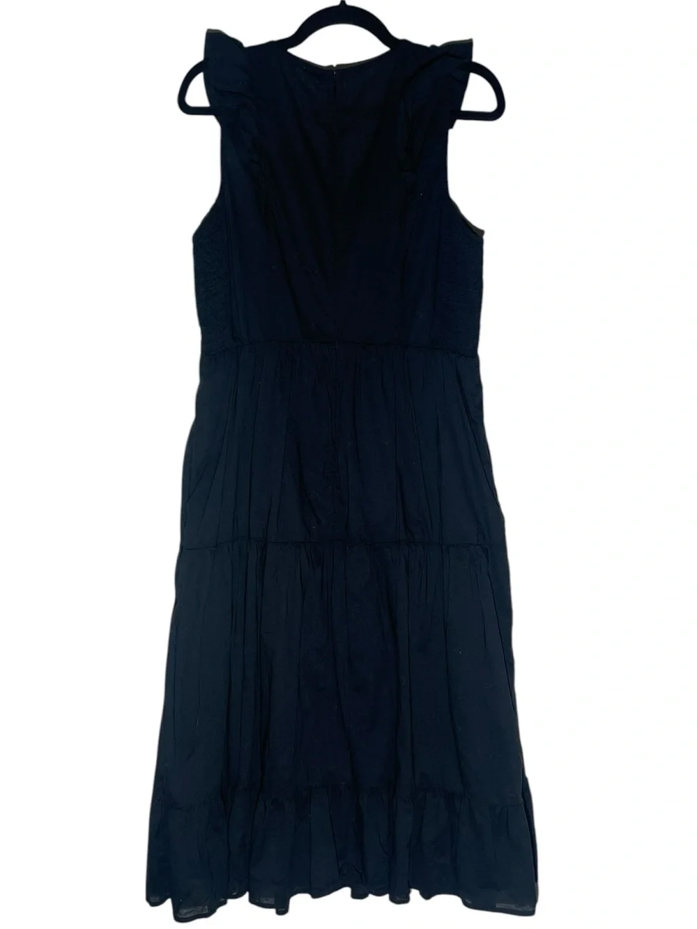 J.Crew Black 100% Cotton Ruffle Tiered Midi Dress Sleeveless Pockets Sz 12 Boho